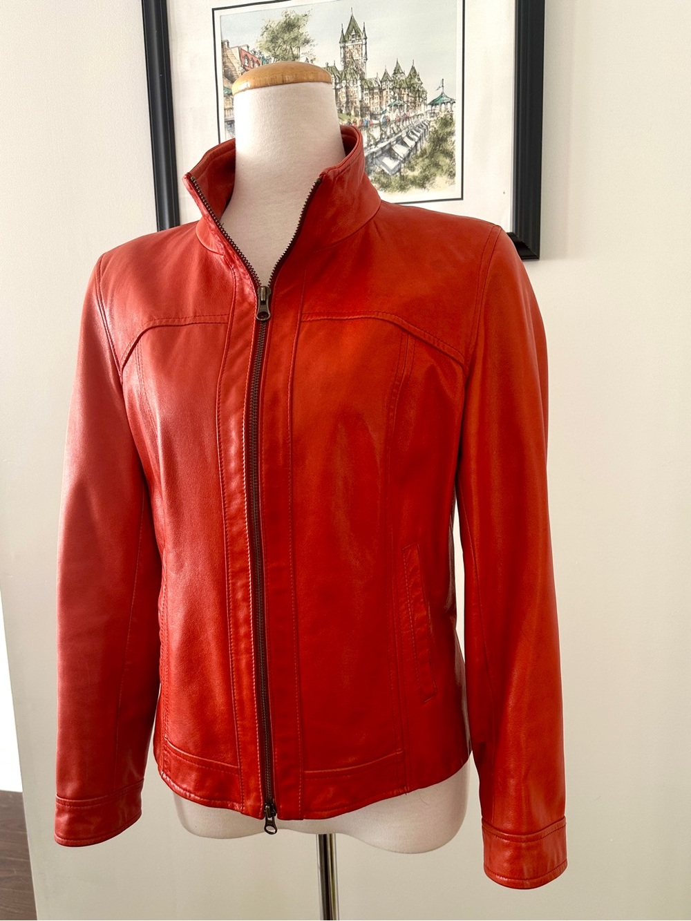 Vintage DANIER Women's Red Orange Italian Leather Zip-Front Moto Jacket -Size S - Picture 4 of 16